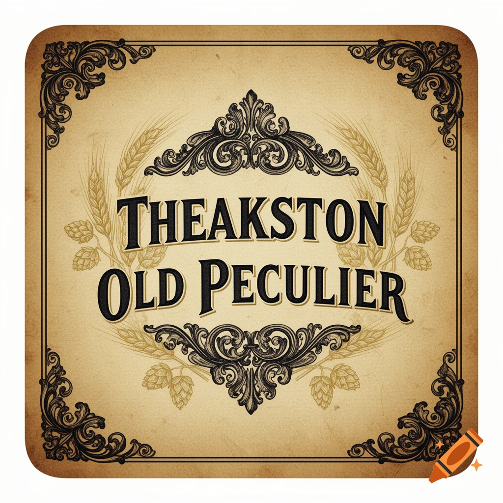 Vintage-style square beer label with 'THEAKSTON OLD PECULIER' text, ornamental scrollwork, wheat, and hop illustrations.