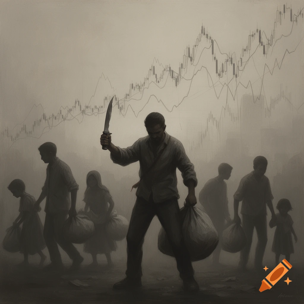 A somber, painted image of a man holding a knife, leading a group of people carrying bags through a foggy landscape under a stock market graph, symbolizing crisis.
