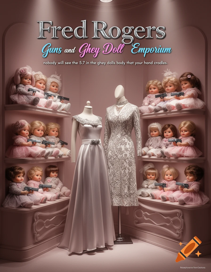 A whimsical magazine ad for 'Fred Rogers Guns and Ghey Doll Emporium' featuring shelves of baby dolls in dresses holding toy guns, flanked by two mannequins displaying elegant gowns. The scene is set in a pastel pink store.