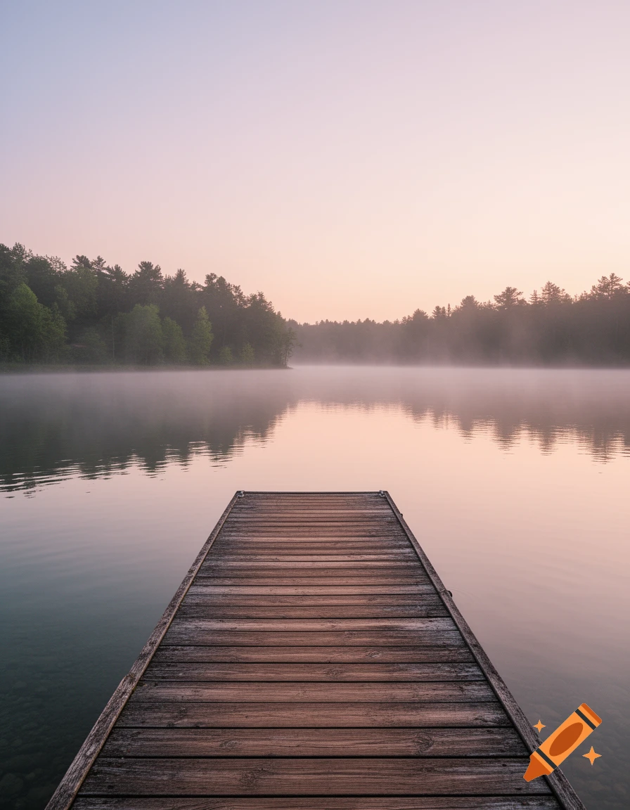 A wooden dock extends into a calm, misty lake, reflecting the soft pink and blue hues of the sunrise over a dense forest.