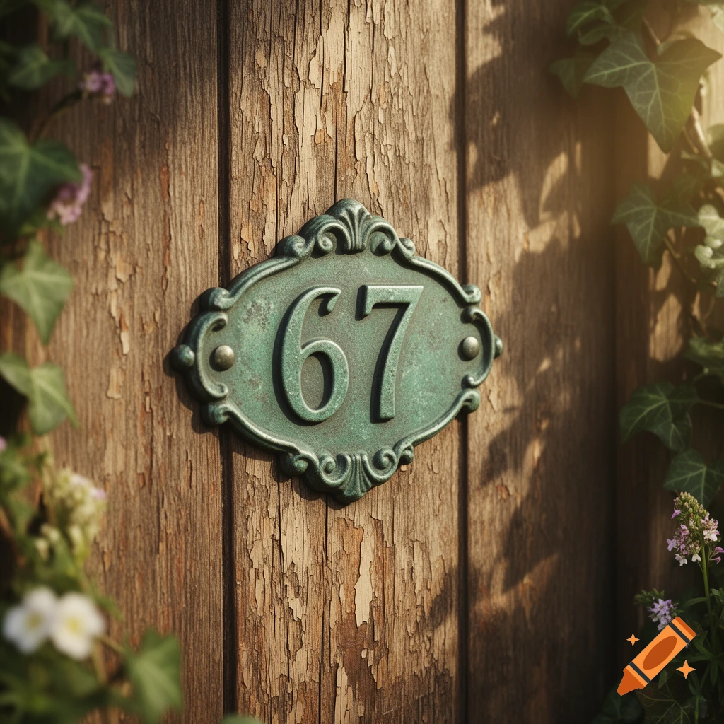 An ornate, weathered green house number plaque displaying "67" on a textured wooden door, framed by ivy and dappled sunlight.