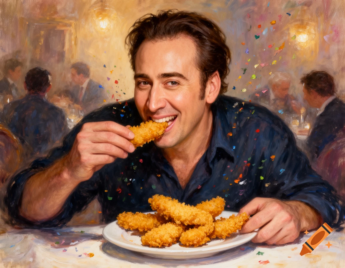 Impressionist painting of Nicolas Cage smiling and eating a chicken finger from a plate in a restaurant, with colorful confetti.