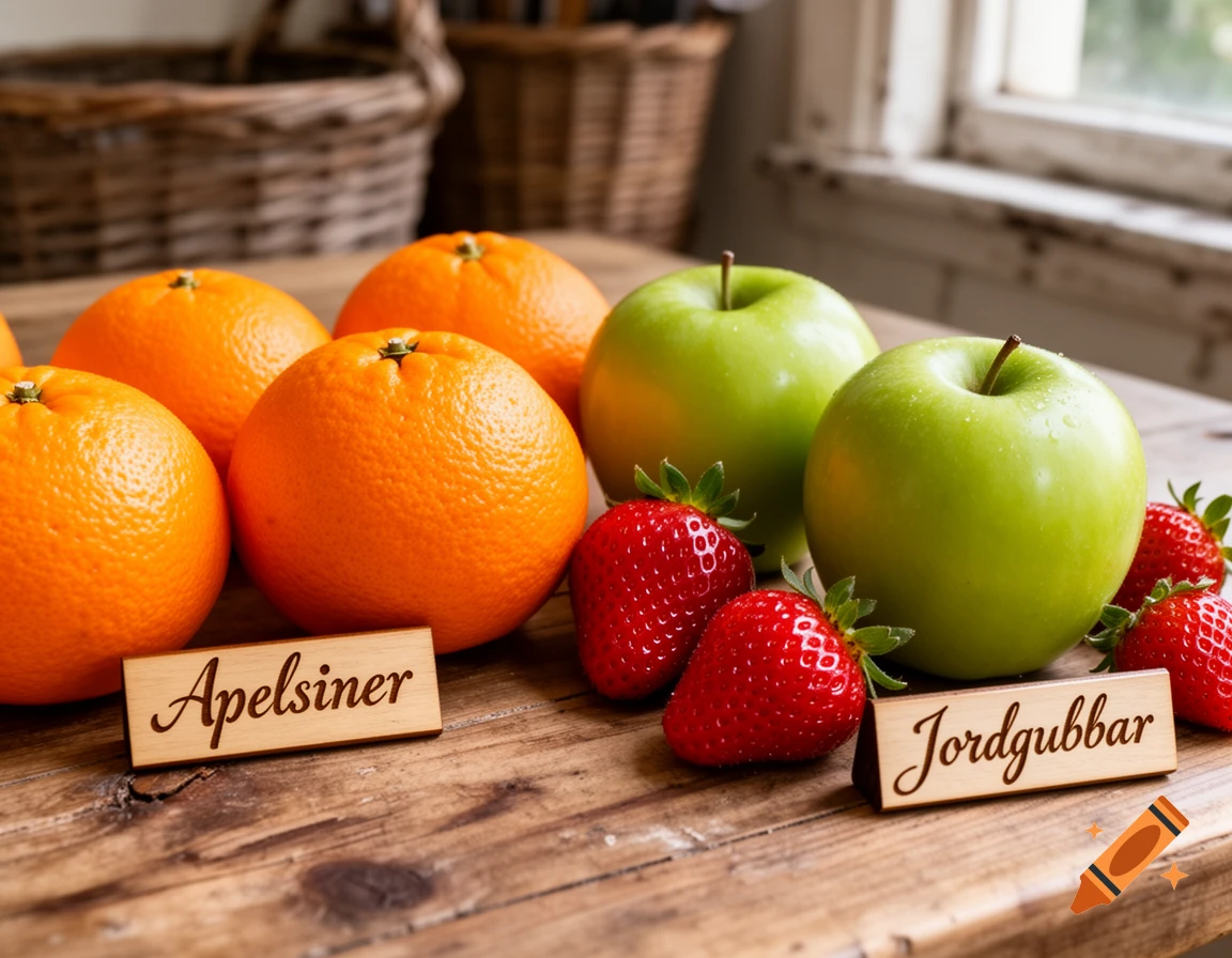 Still life of oranges, green apples, and strawberries on a wooden table, with 'Apelsiner' and 'Jordgubbar' labels.
