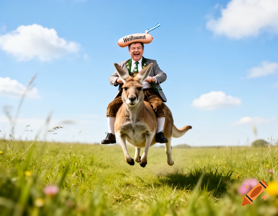 A joyful man in Bavarian lederhosen with a 'Weißwurst' hat rides a hopping kangaroo through a sunny green field.