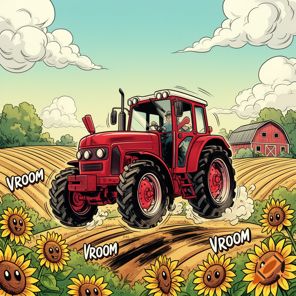 A red cartoon tractor speeds through a field of sunflowers under a blue sky, with a red barn in the background, making 'VROOM' sounds.