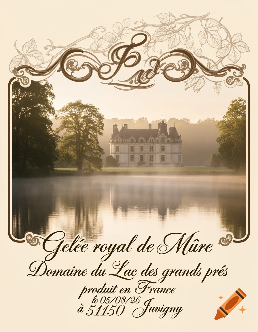 A vintage-style label featuring a château reflected in a misty lake, framed by a decorative border and French text details.