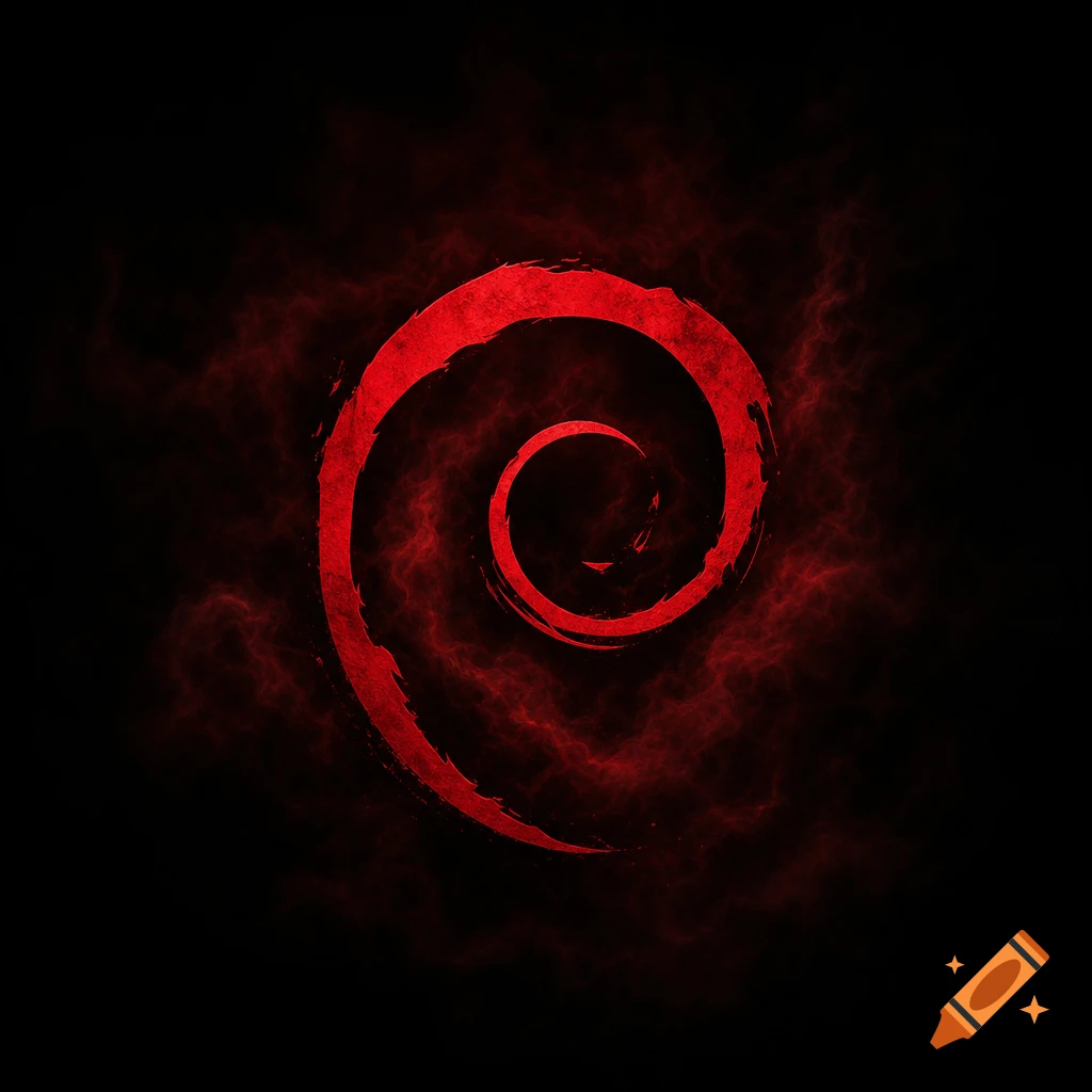 Red Debian swirl logo on a dark background with dramatic red smoke and shadows, styled like a horror movie poster.