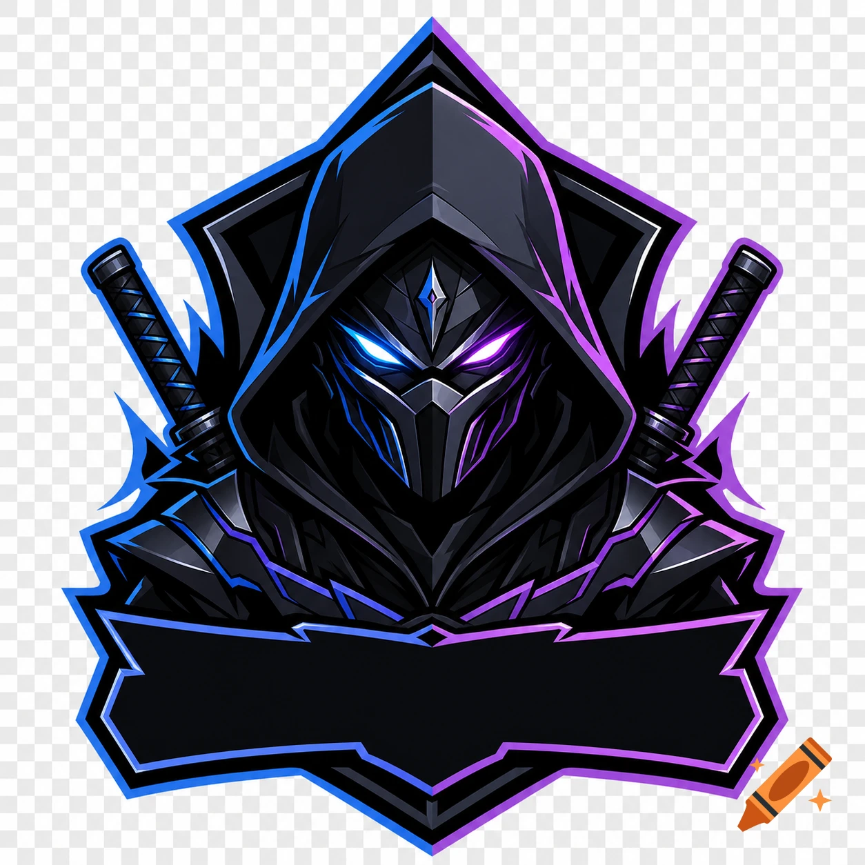 A futuristic eSports logo featuring a masked warrior with glowing blue and purple eyes and two katanas, set on a blue and purple geometric shield with an empty text banner below. Transparent background.