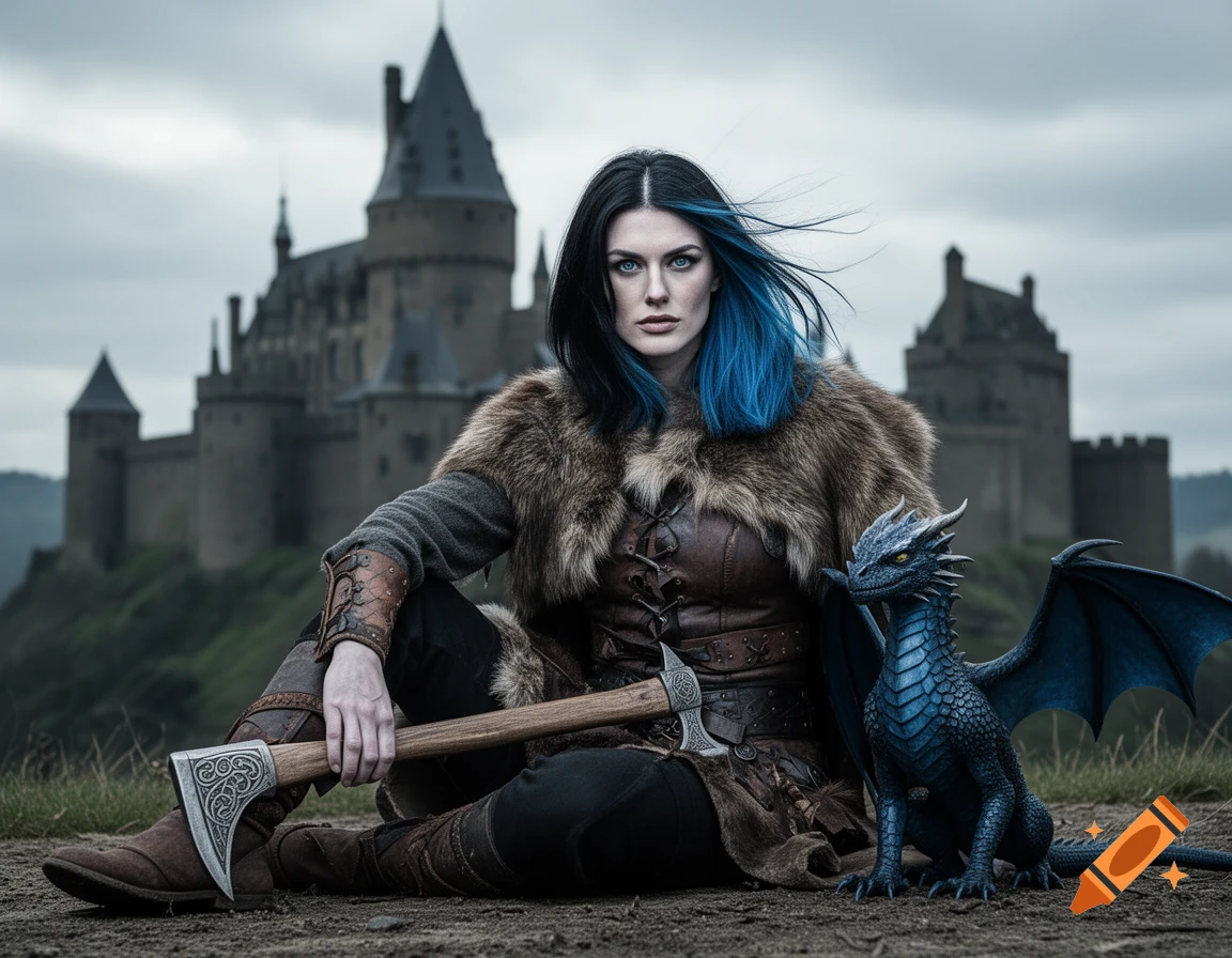Viking-attired woman with blue-streaked hair, holding an axe, next to a small blue dragon, with a castle in the background.