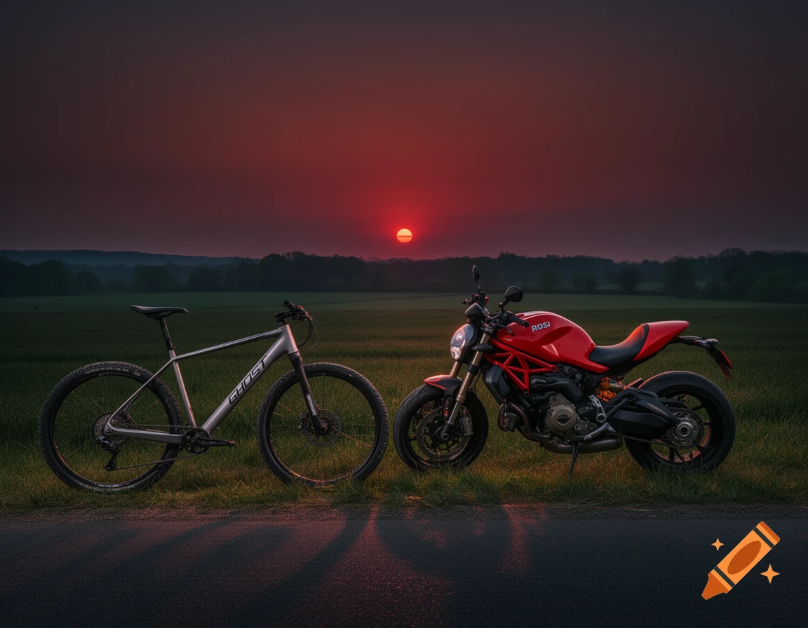 A silver mountain bike and a red motorcycle are parked in a grassy field at sunset, with a dark red sun low on the horizon.