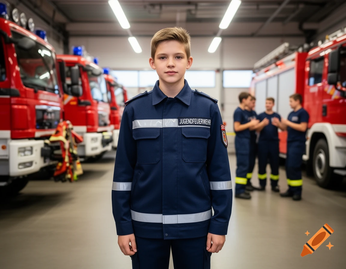 A young boy in a navy blue youth fire brigade uniform stands in a fire station with fire trucks.