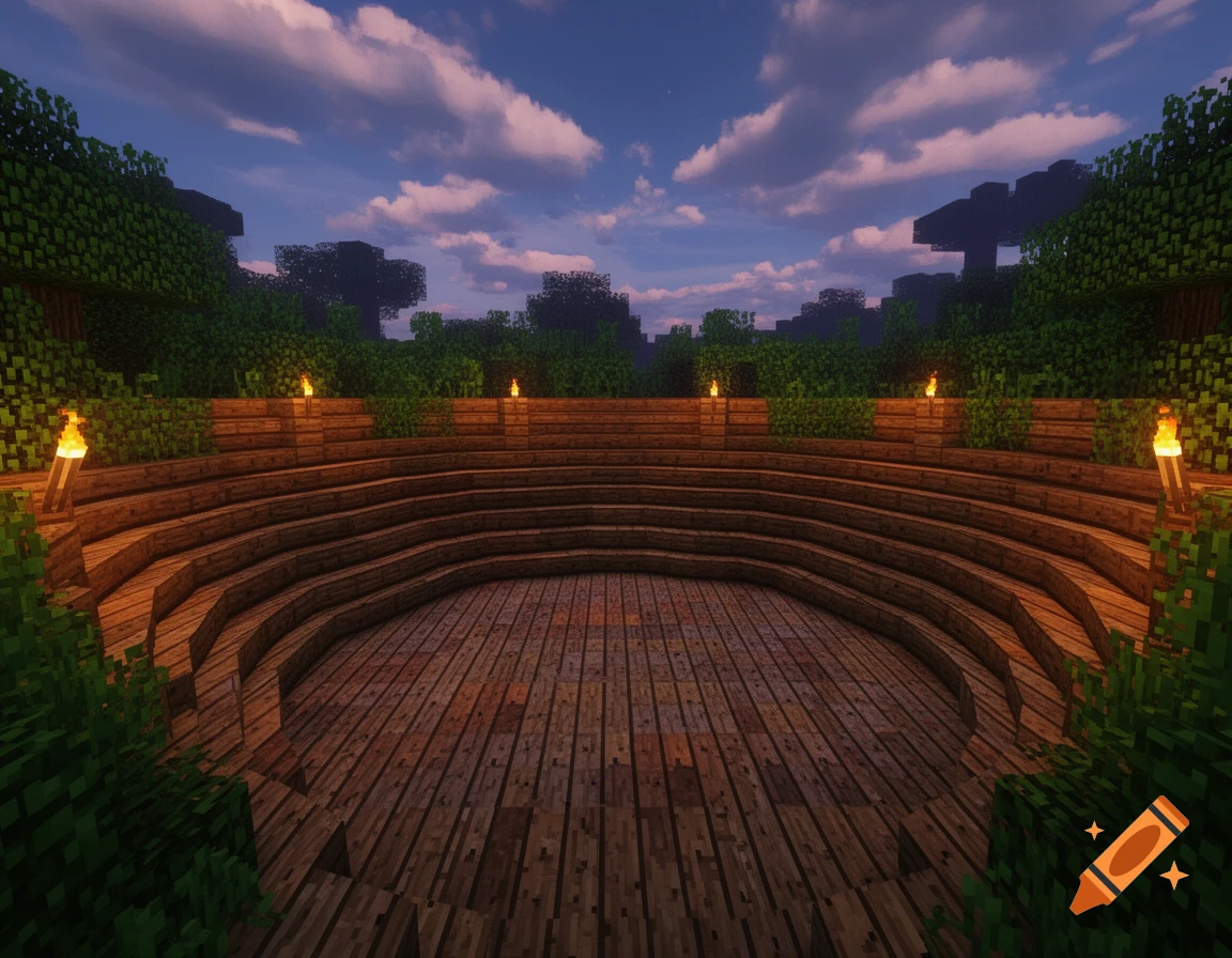 A circular tiered wooden arena in Minecraft style, surrounded by green foliage, under a twilight sky with scattered clouds and glowing torches.