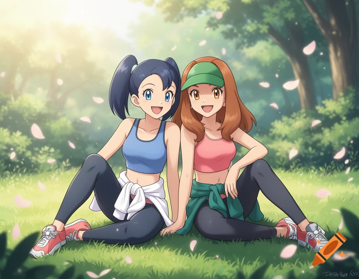 Two Pokemon anime girls, Dawn and May, in athletic wear, sit smiling in a grassy park with falling pink petals.