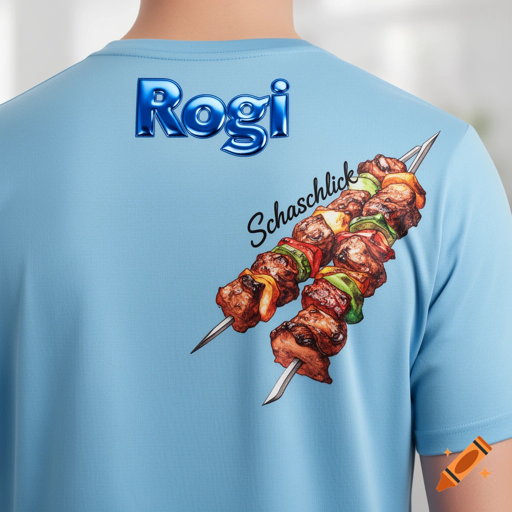 The back of a person wearing a light blue t-shirt with "Rogi" in metallic blue 3D text and "Schaschlick" in black script above two shashlik skewers with meat and vegetables.