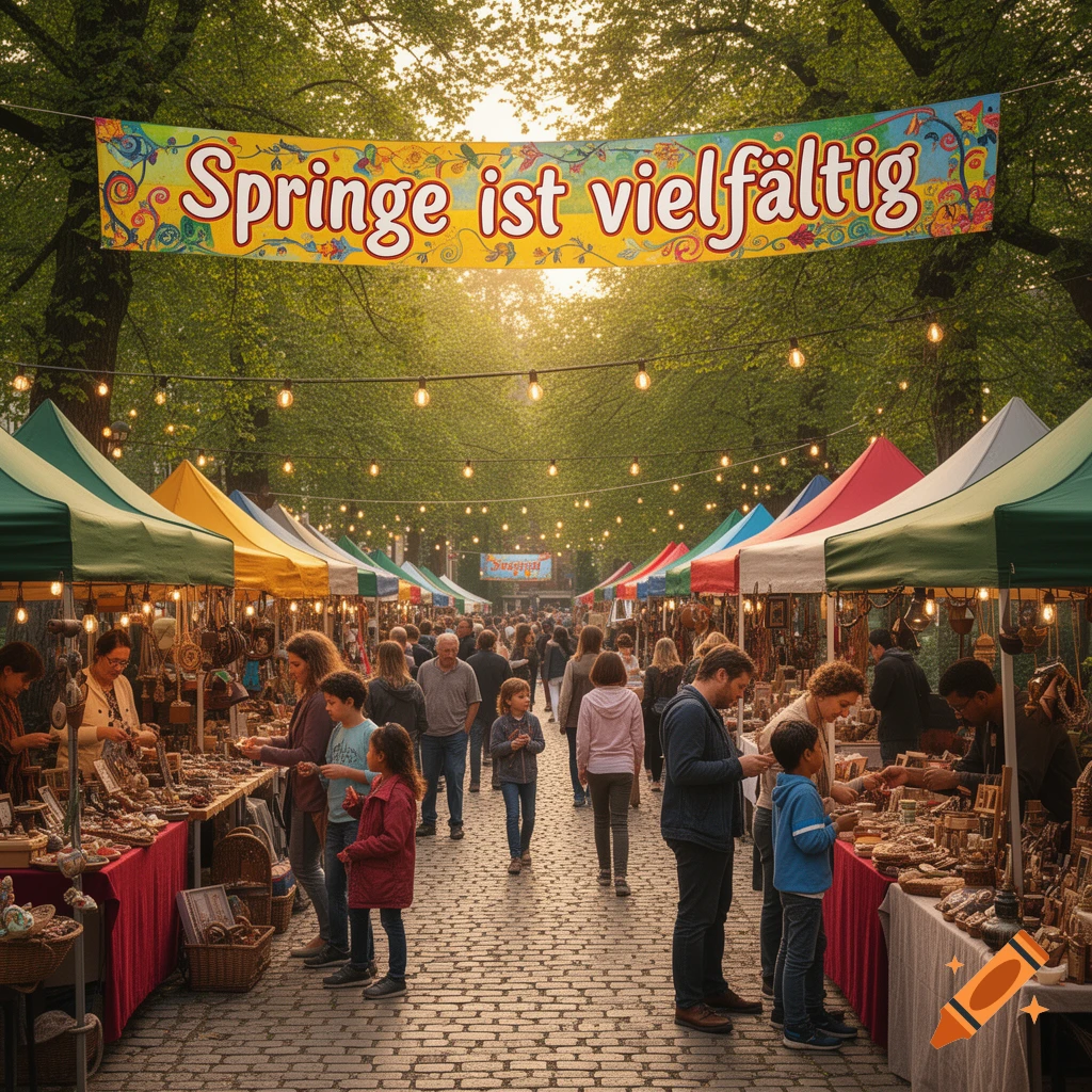 A bustling outdoor market scene with colorful tents, string lights, and many people browsing goods under a banner that reads "Springe ist vielfältig".