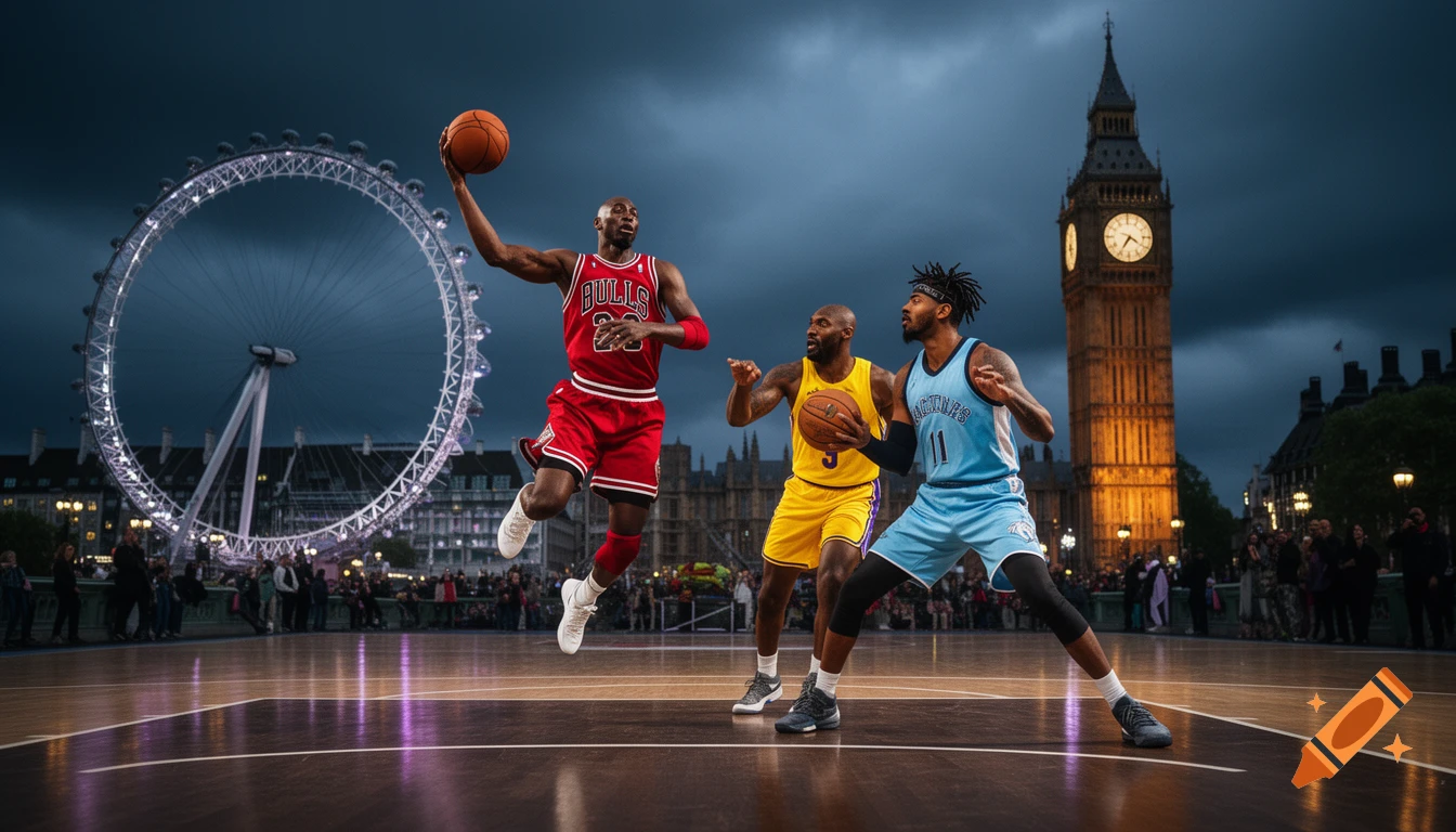 Three basketball players in red, yellow, and light blue jerseys play on an outdoor court with the London Eye and Big Ben in the background under a moody sky.