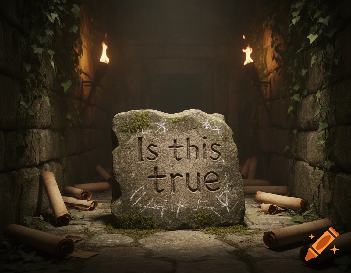 A large stone block carved with 'Is this true' sits amidst scattered scrolls and ivy in a dark, torchlit dungeon.