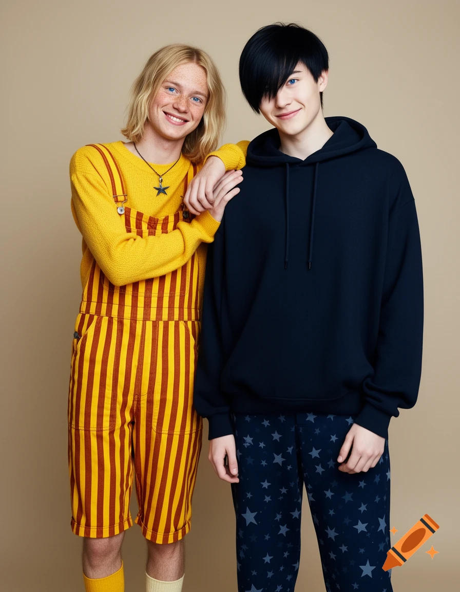 Two young men pose against a beige background. One has blonde hair, freckles, a yellow sweater, and striped overalls. The other has dark hair, a dark blue hoodie, and starry pants.