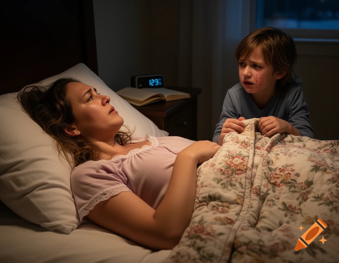 A worried woman in bed looks at a crying child with blood on his face next to her. Dimly lit bedroom.