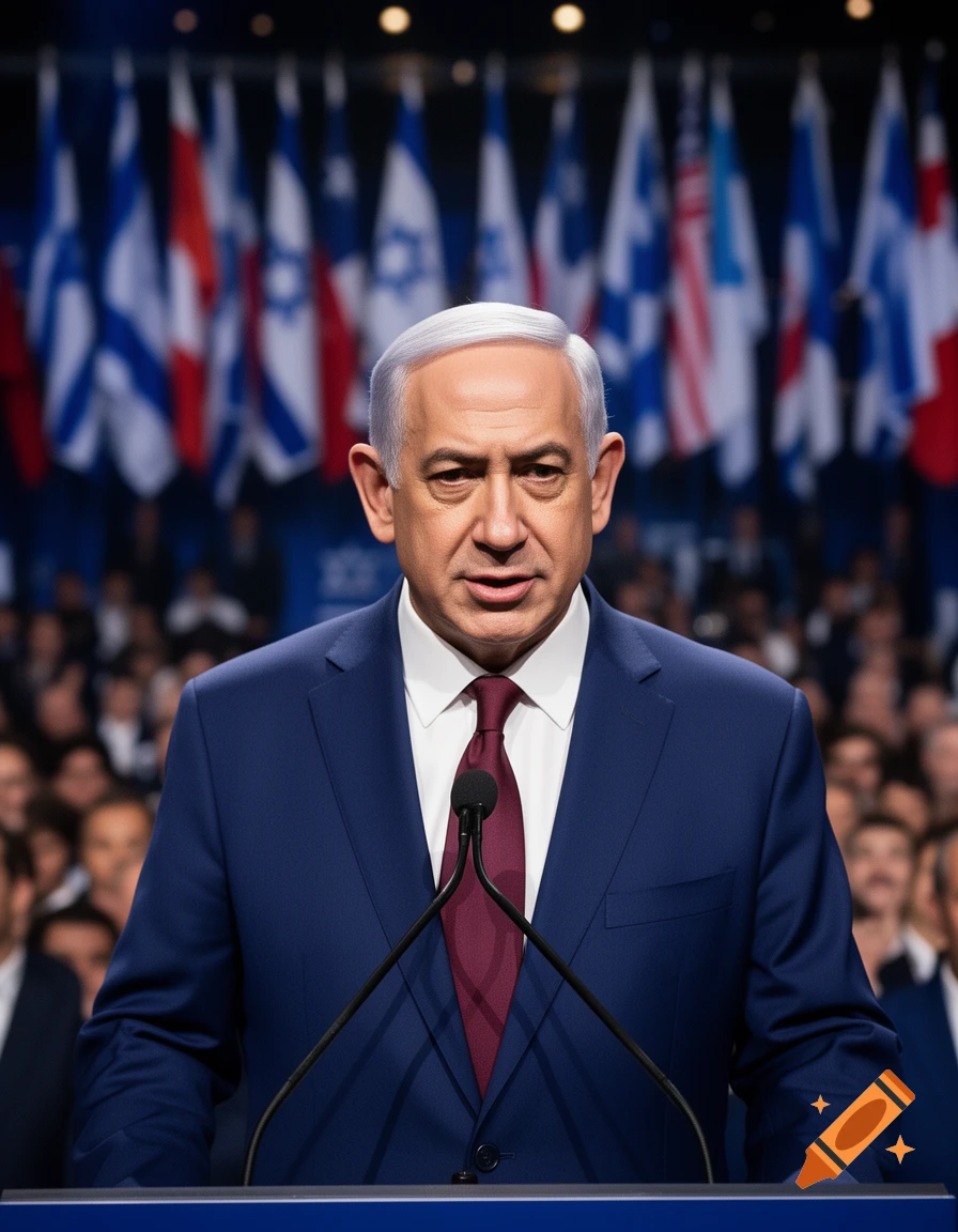 Photorealistic portrait of Benjamin Netanyahu speaking at a podium in front of national flags.