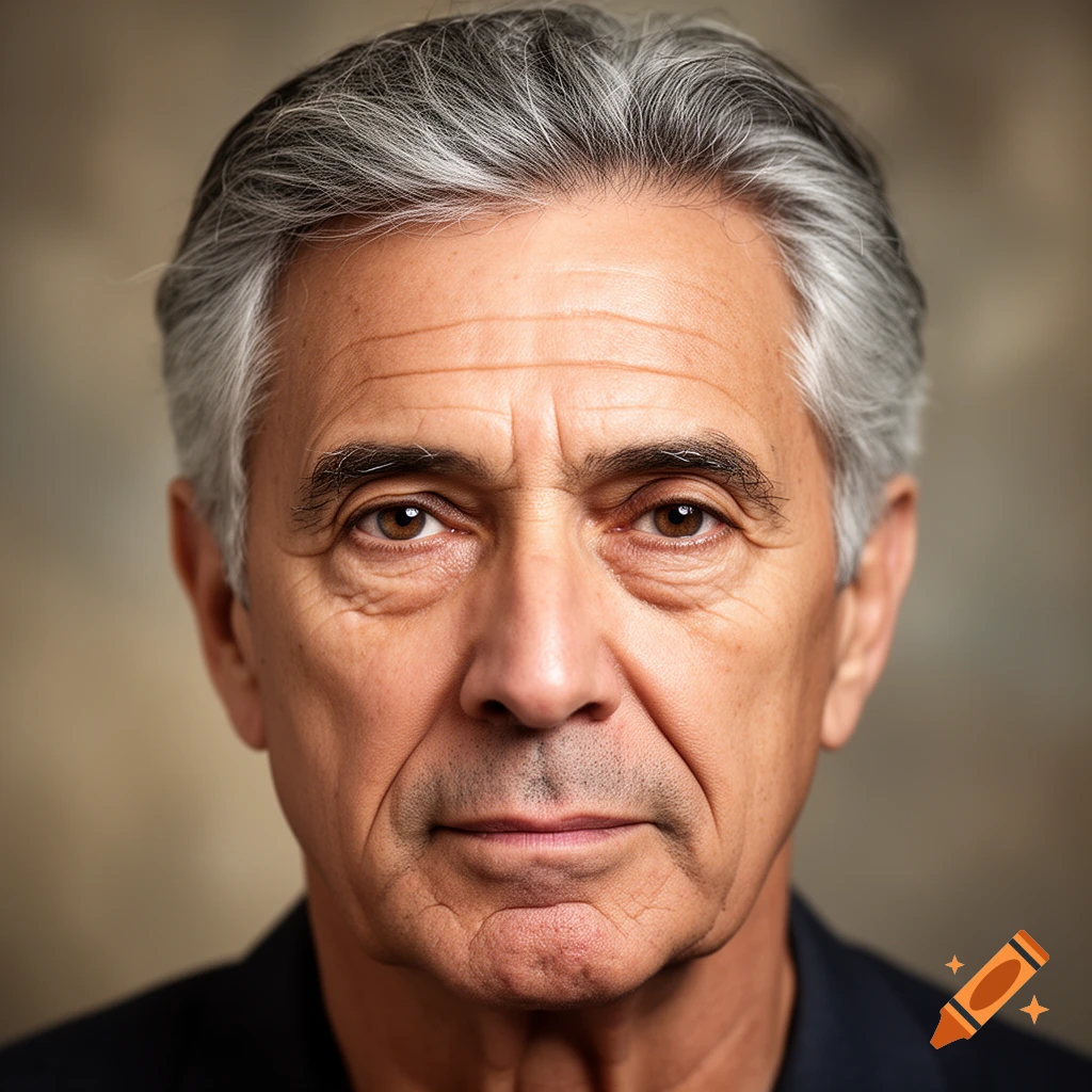 Close-up photorealistic portrait of an older man with grey hair and a neutral expression looking at the viewer.
