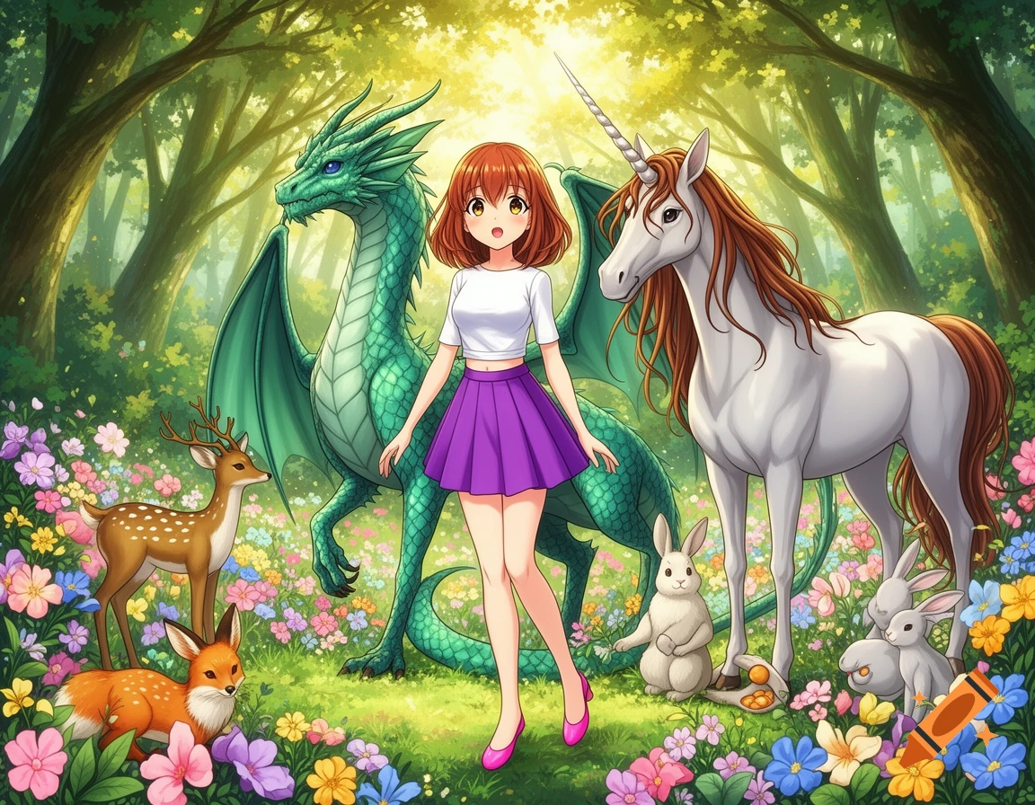 An anime girl in a white crop top and purple miniskirt stands with a green dragon, white unicorn, deer, fox, and rabbits in a bright, flower-filled fantasy forest.