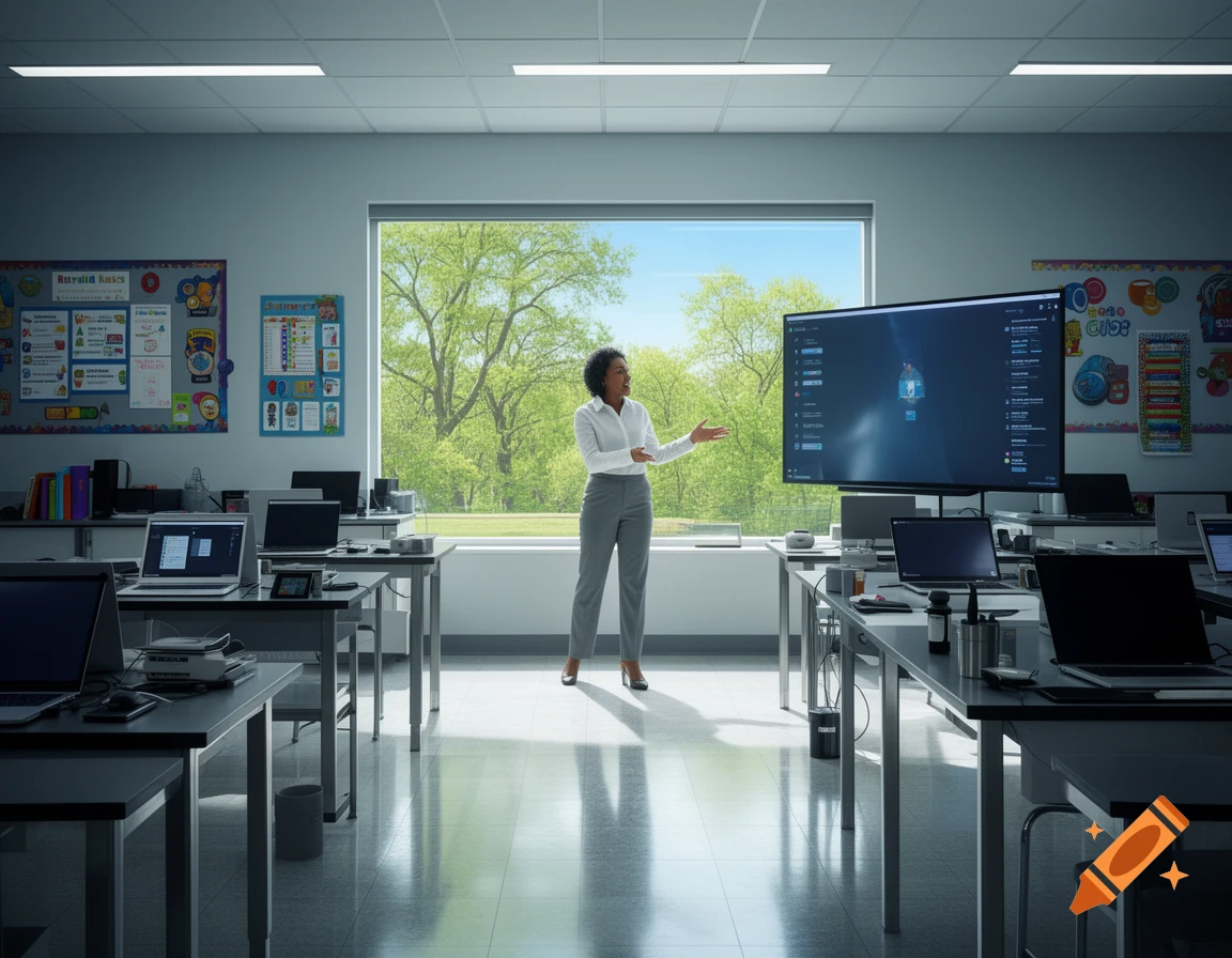 A woman, appearing to be a teacher, stands in a modern technology classroom, gesturing towards a large display screen. Laptops are on desks, and a lush green nature scene is visible outside a large window.