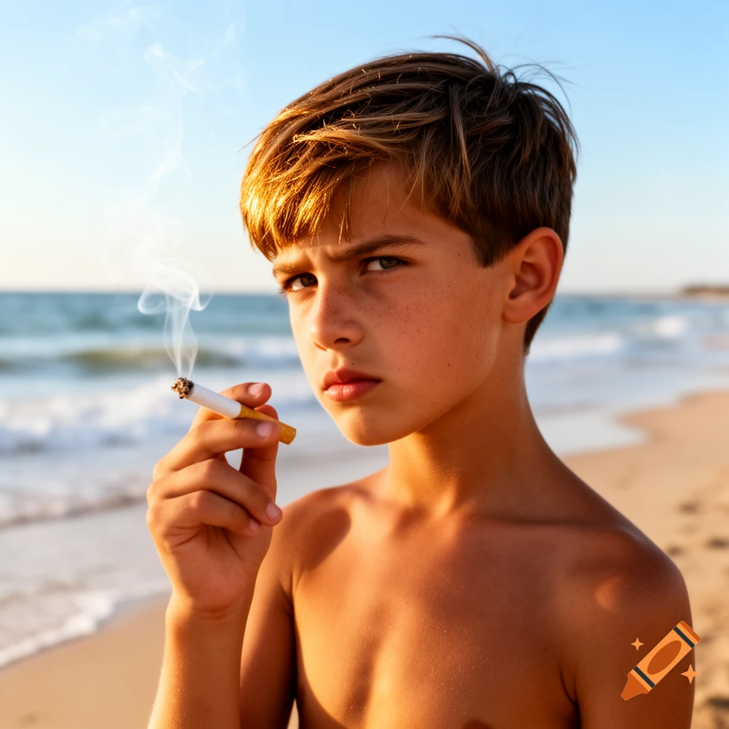 A young boy with a serious expression holds a smoking cigarette on a sunny beach, looking directly at the viewer.