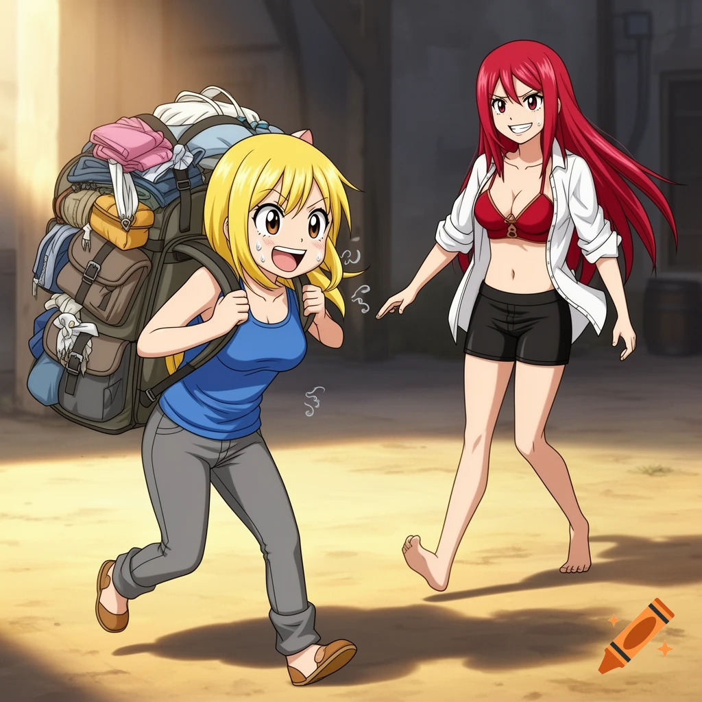 An anime-style image of a blonde girl, Lucy, struggling to carry a huge backpack, sweating nervously, while a red-haired girl, Erza, walks confidently ahead.