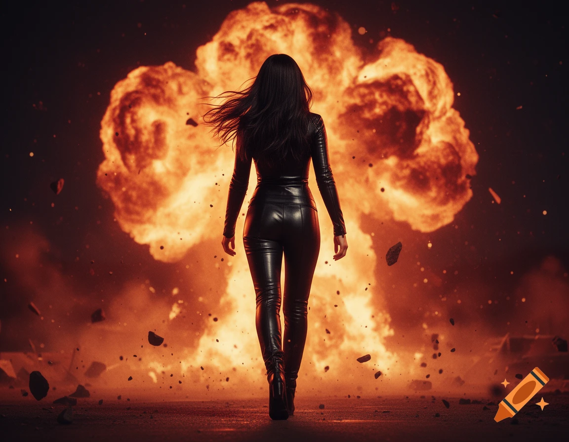 A woman in a black leather suit walks away from a massive, fiery explosion with debris flying around her.