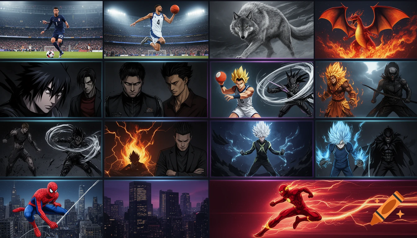 A character selection screen mural in a grid layout featuring panels of Lionel Messi, a basketball player, a wolf, a dragon, various anime characters, Spider-Man, and Flash.