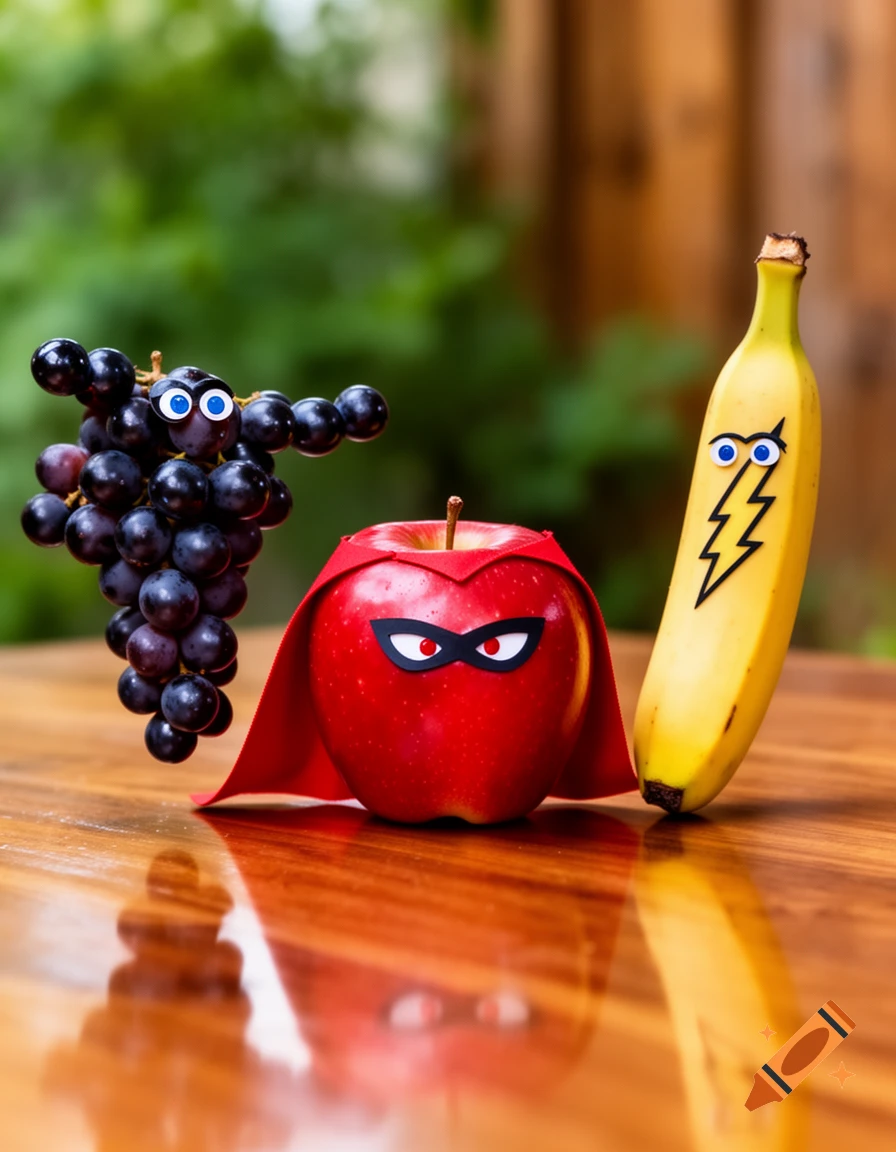 A cluster of grapes with googly eyes, a red apple wearing a red cape and black mask, and a banana with googly eyes and a lightning bolt symbol, all standing on a wooden table.
