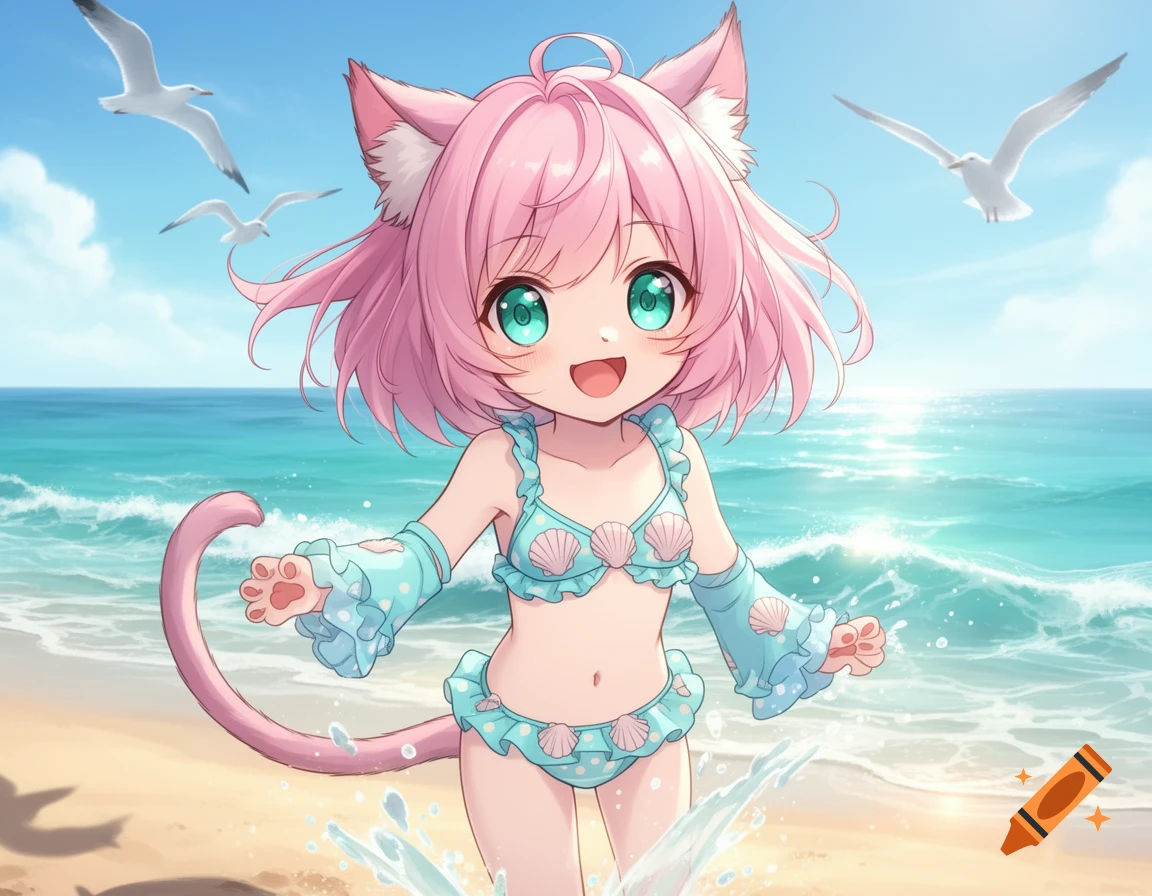 A cheerful anime cat girl with pink hair and a light blue seashell bikini plays in the shallow ocean water on a sunny beach.