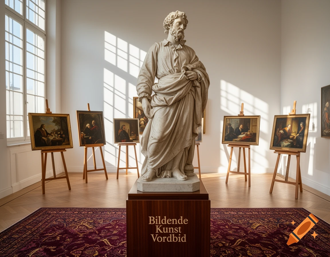 A classical marble statue of a bearded man in a white gallery with paintings on easels and sunlight streaming through windows.