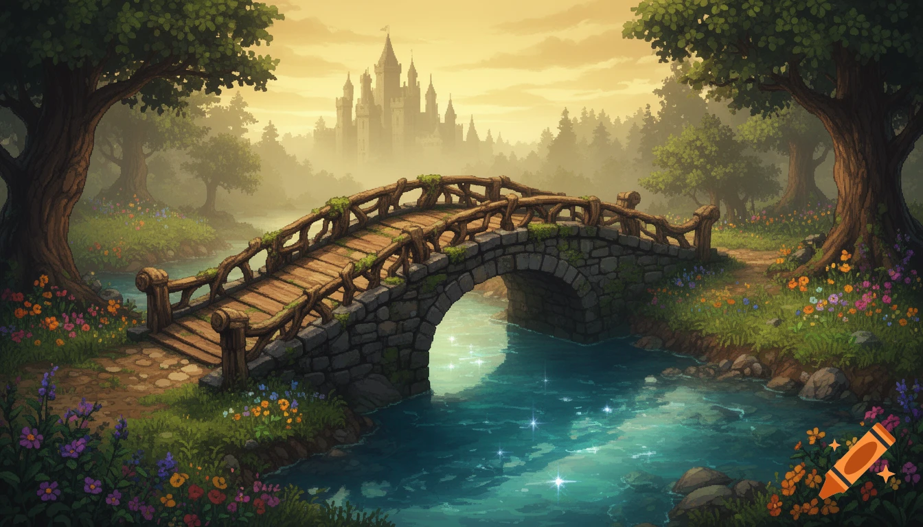 Pixel art fantasy landscape with a stone and wood bridge over a sparkling river, surrounded by trees and wildflowers, with a castle in the distance at sunset.