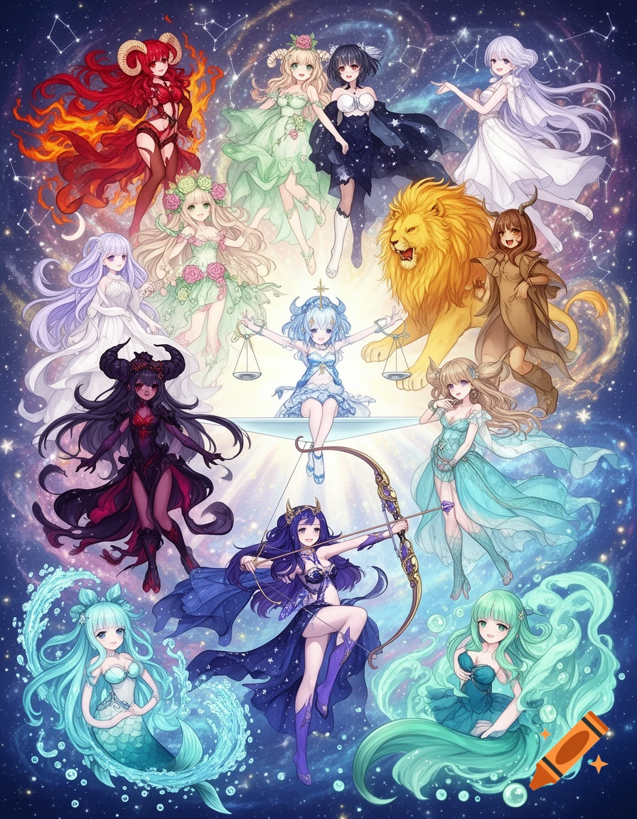 A vibrant anime illustration of twelve Zodiac girls and symbols arranged in a circle, set against a starry cosmic background.