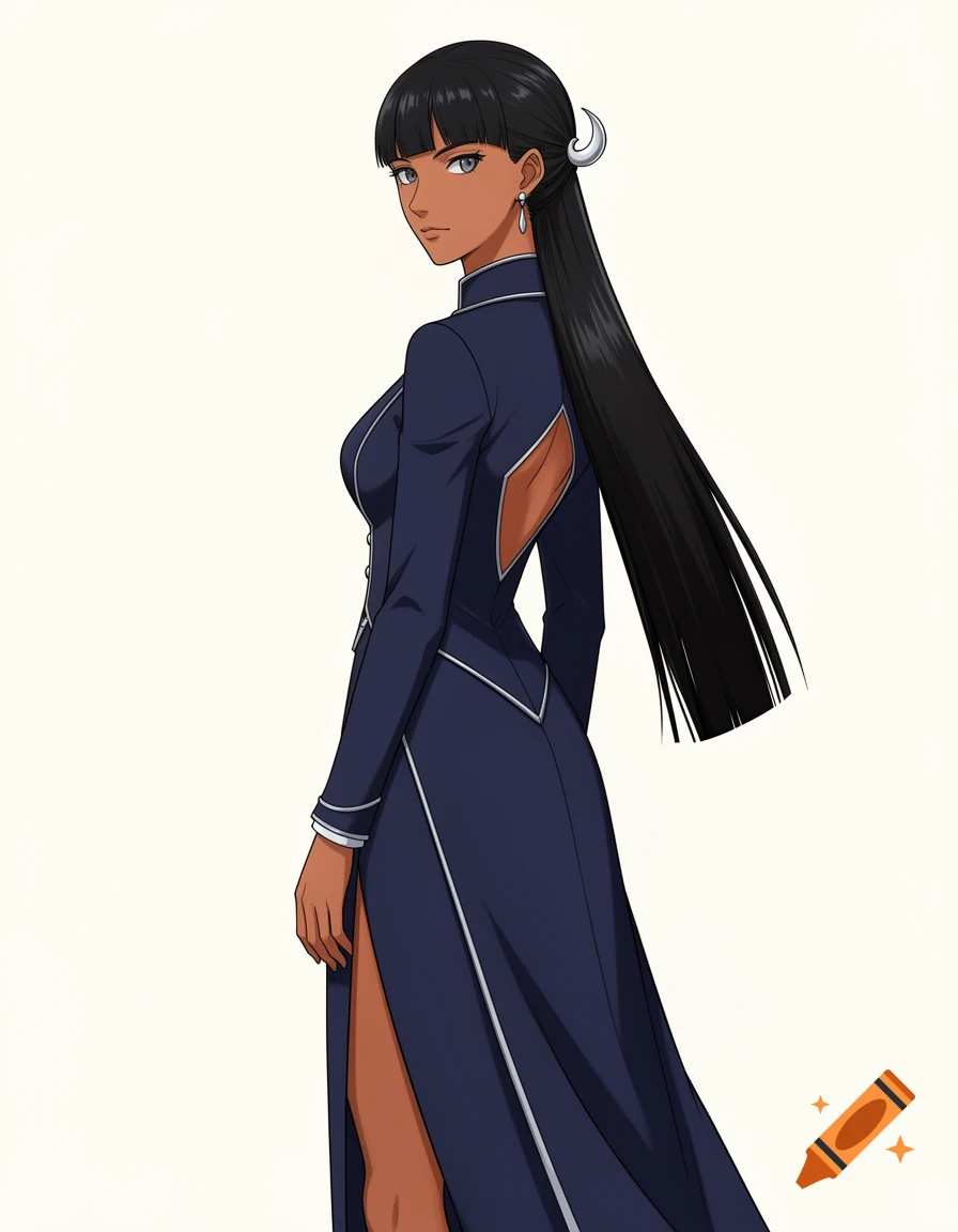 An anime-style crown princess with warm brown skin and long black hair, wearing a fitted midnight-blue court coat and gown with an open back and high side slit.