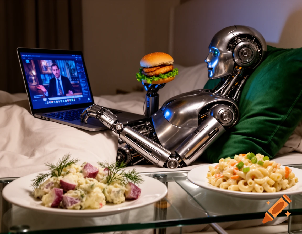 A chrome robot lies in bed, watching a laptop, holding a chicken burger. Plates of potato and macaroni salad are nearby.