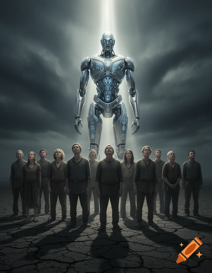 A group of sad humans stands on cracked earth, looking up at a towering, glowing robot under a stormy sky.