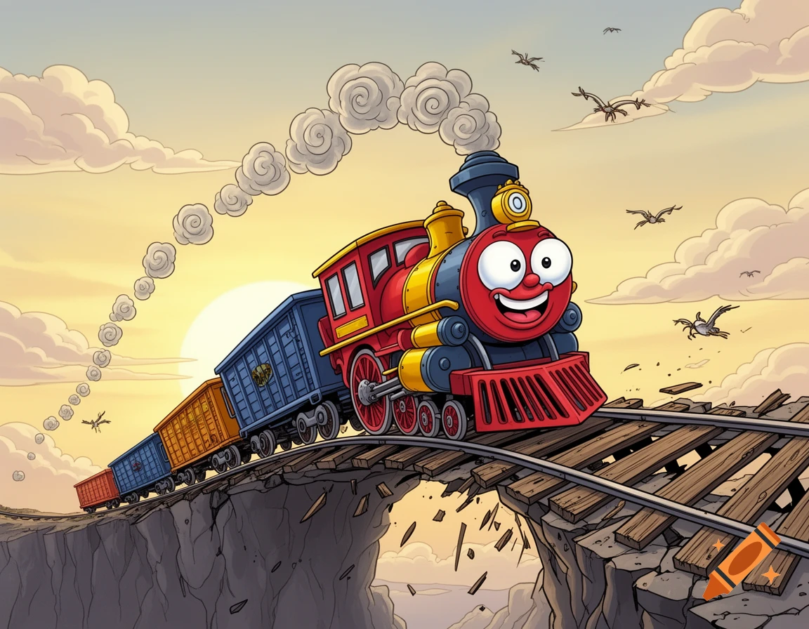 A goofy cartoon red and blue freight train smiles as it approaches a broken bridge with missing tracks under a sunset sky.
