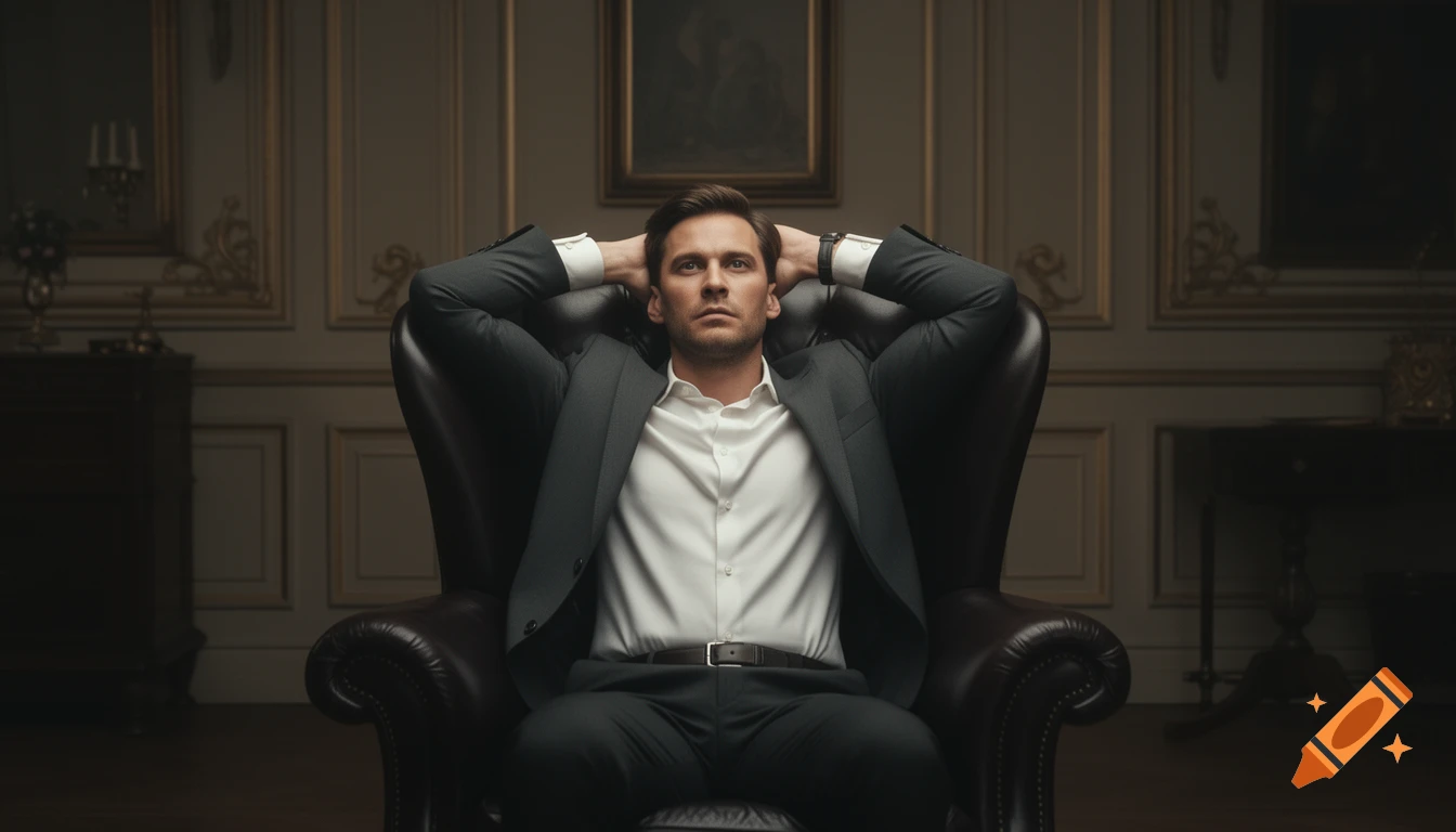 Photorealistic portrait of a man in a suit reclining in a luxurious leather armchair in an elegant room with hands behind his head.