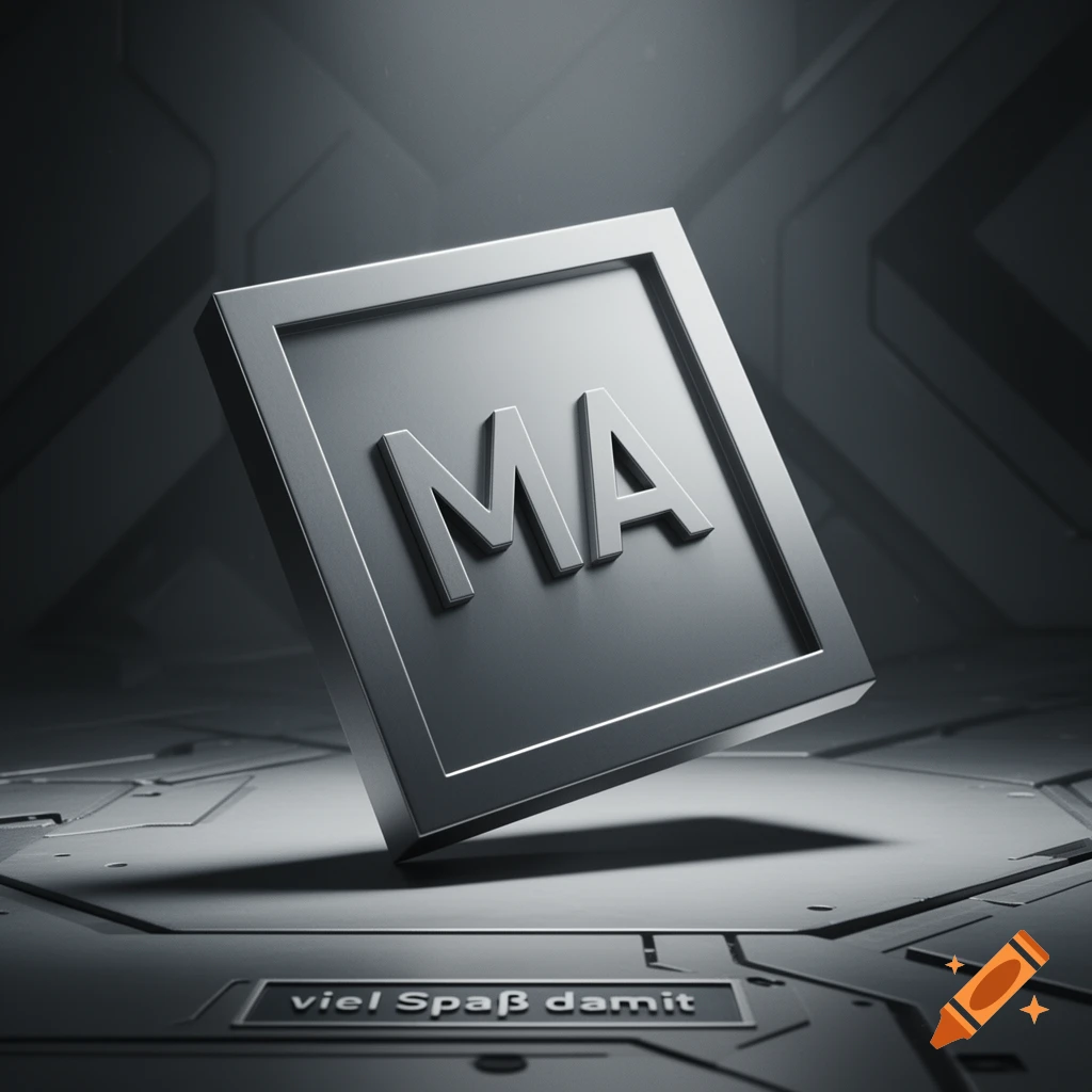 A metallic square with the letters MA floats above a dark, futuristic floor, with the text 'viel Spa R damit' on the ground.