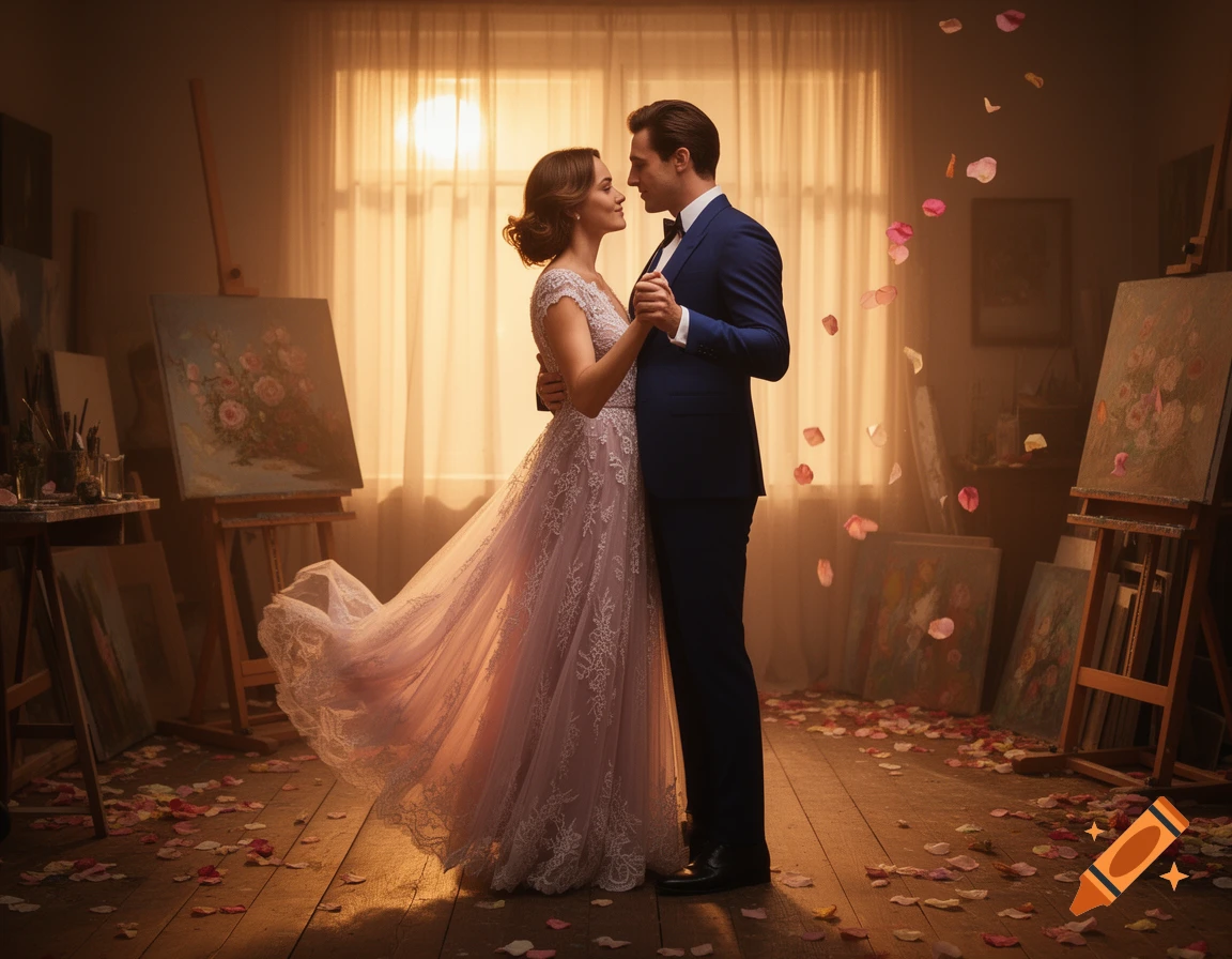 A romantic photorealistic scene of a couple dancing in a warm art studio, with rose petals falling and scattered on the wooden floor.
