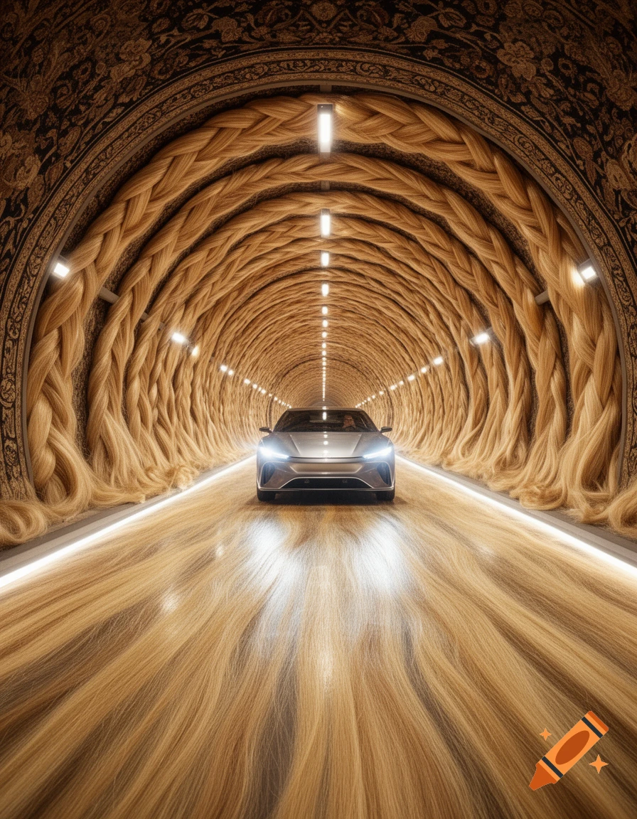 A silver car drives through a photorealistic tunnel made entirely of golden braided hair, lit by overhead lights.