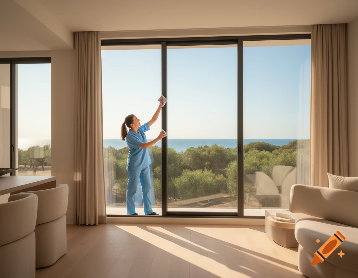 A woman in a blue uniform cleans large windows overlooking a scenic ocean view from a bright, modern room.