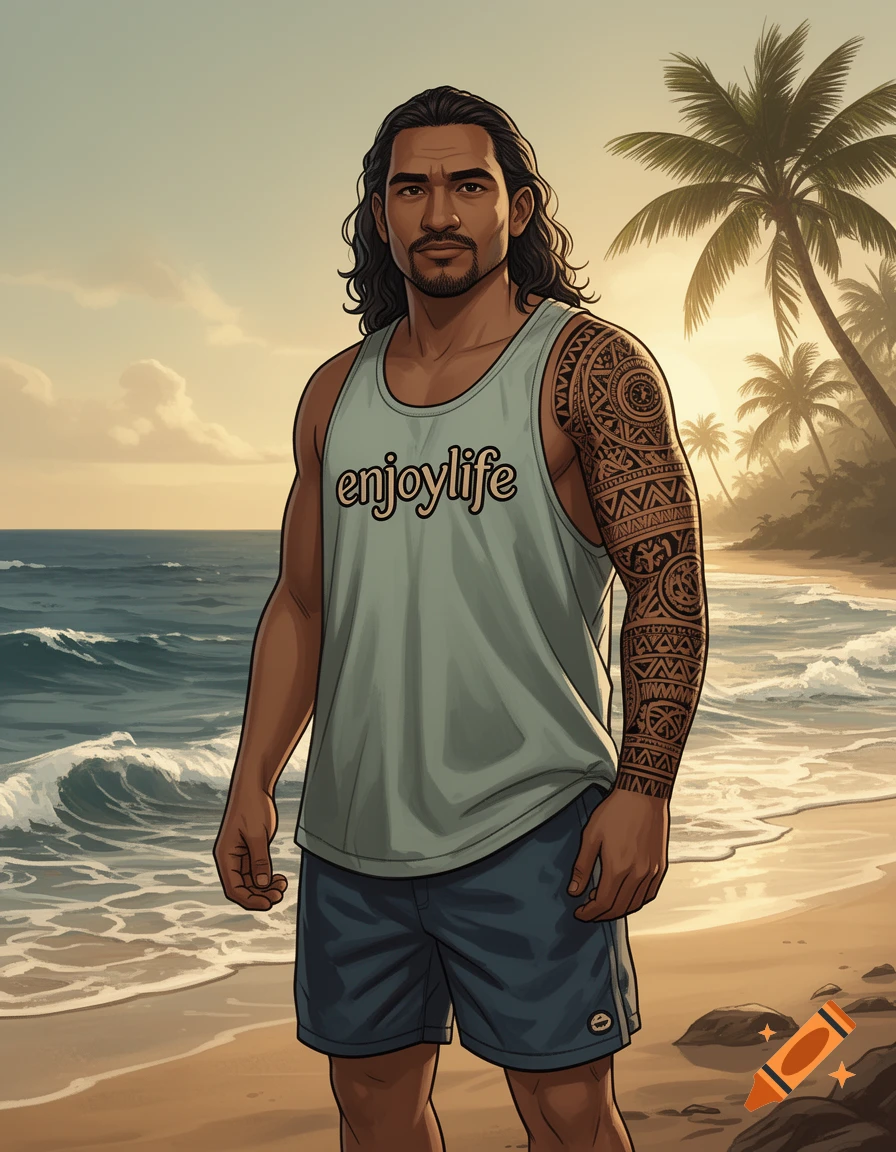 Stylized illustration of a Polynesian man with long hair, full arm tattoo, and 'enjoylife' tank top, on a beach with palm trees.