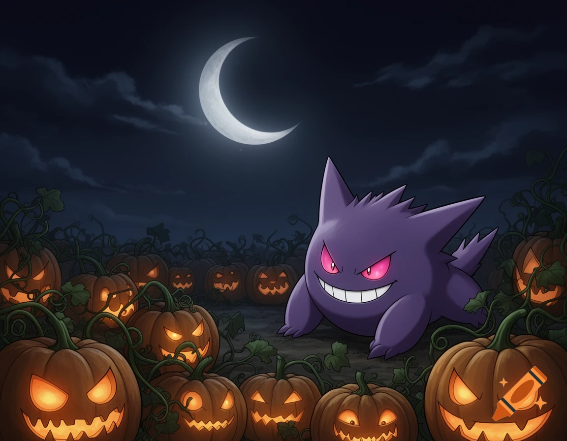 Gengar lies in a pumpkin patch at night under a crescent moon, with carved, glowing jack-o'-lanterns.