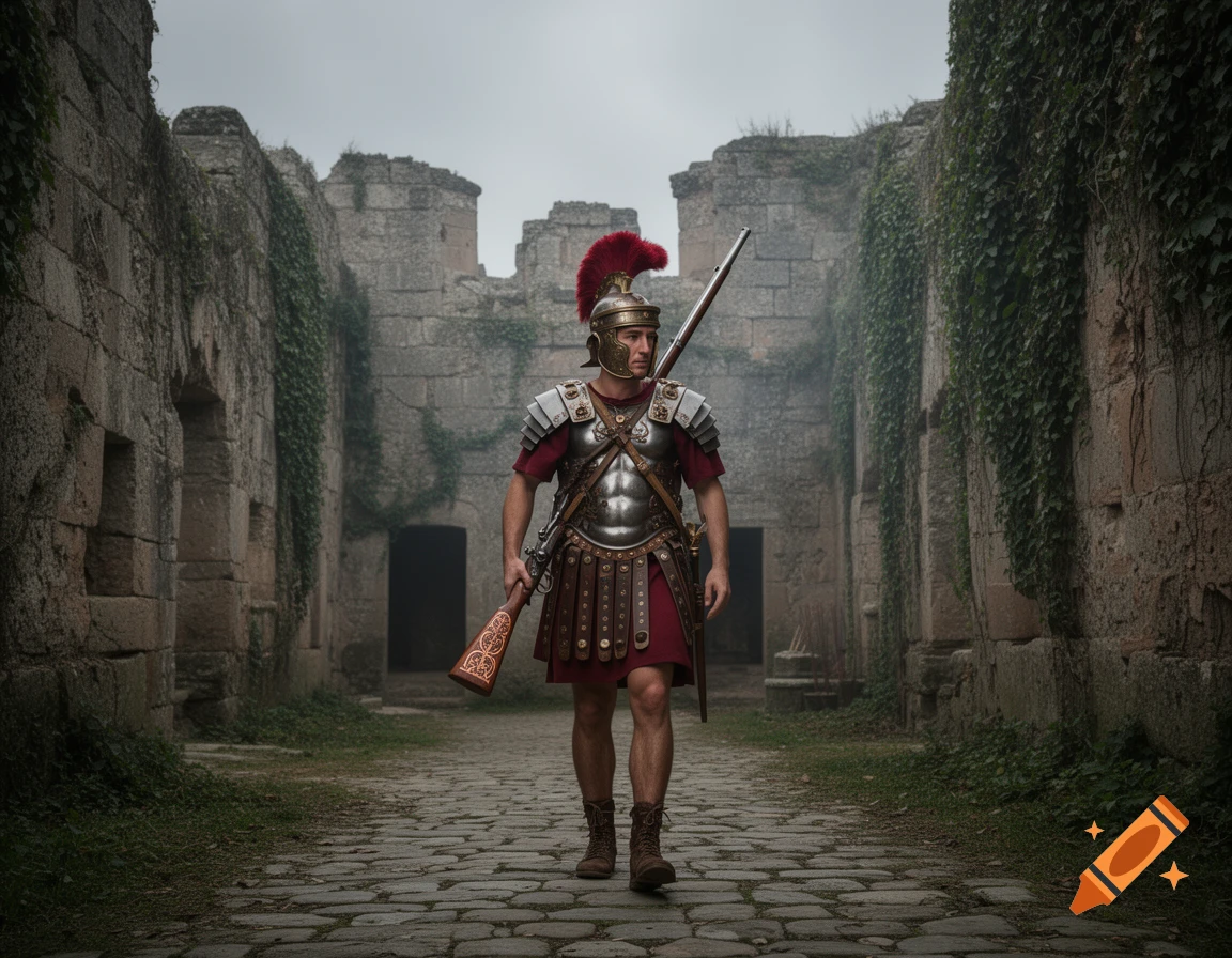 Photorealistic Roman legionary in armor, red plume helmet, carrying a matchlock rifle, walks through overgrown ruins.