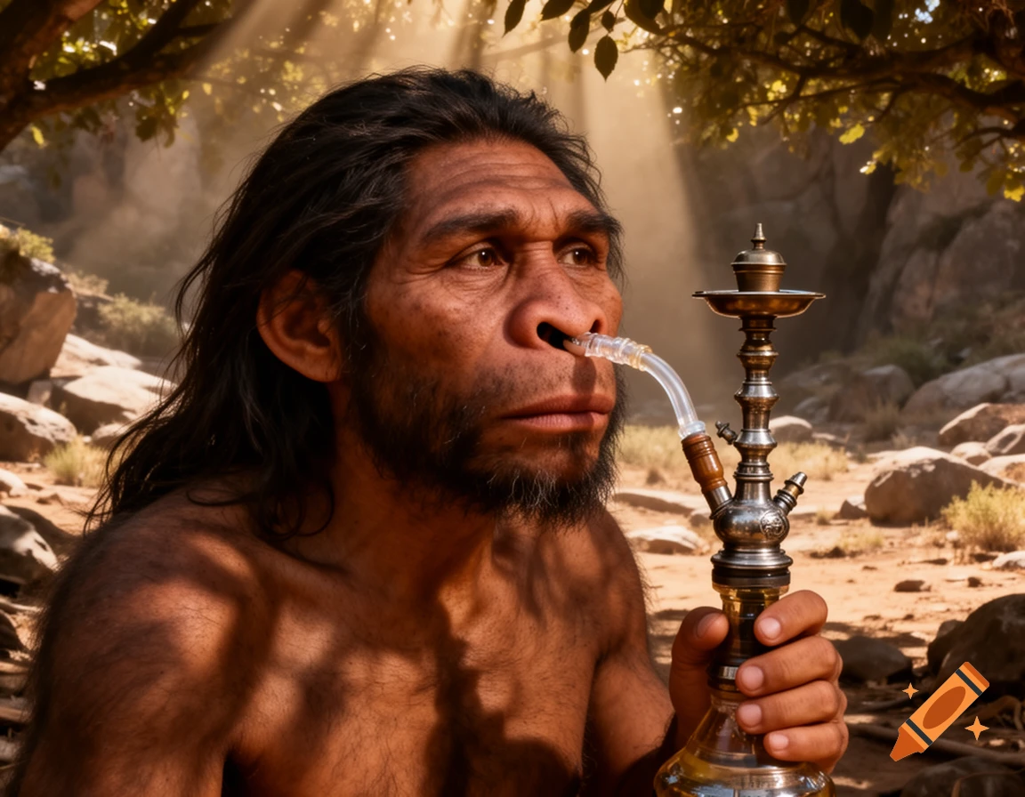 Photorealistic portrait of a long-haired prehistoric man with a shisha hose inserted into his nose, in a sun-dappled outdoor setting.