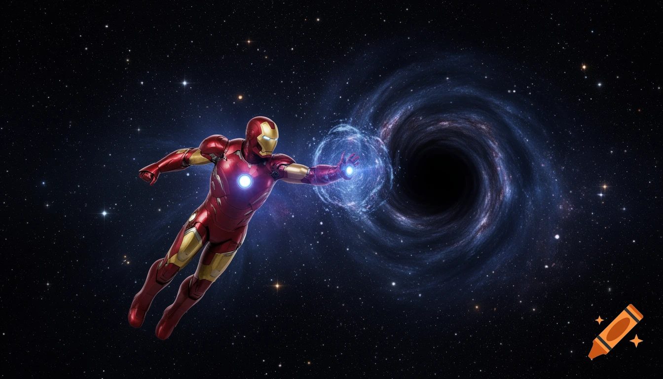 Iron Man flying through space, extending his hand towards a swirling black hole with blue energy.